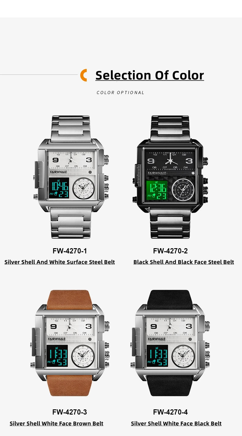 Mark Fairwhale 4270 Retro Square Men's Electronic Digital Dual Display Waterproof Night Light Leisure Men's Clock reloj hombre