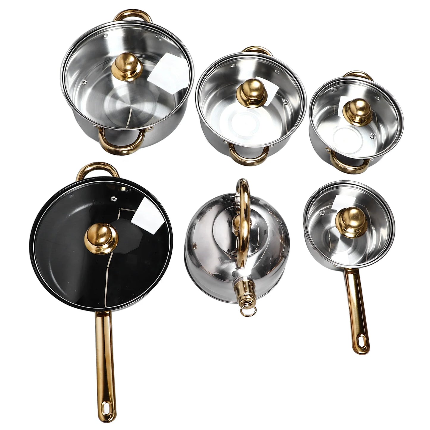6 Sets Kitchen Pots Set Stainless Steel Golden Handle Smoothing Sturdy Durable Easy to Clean Cookware Set for Home Cooking Pots