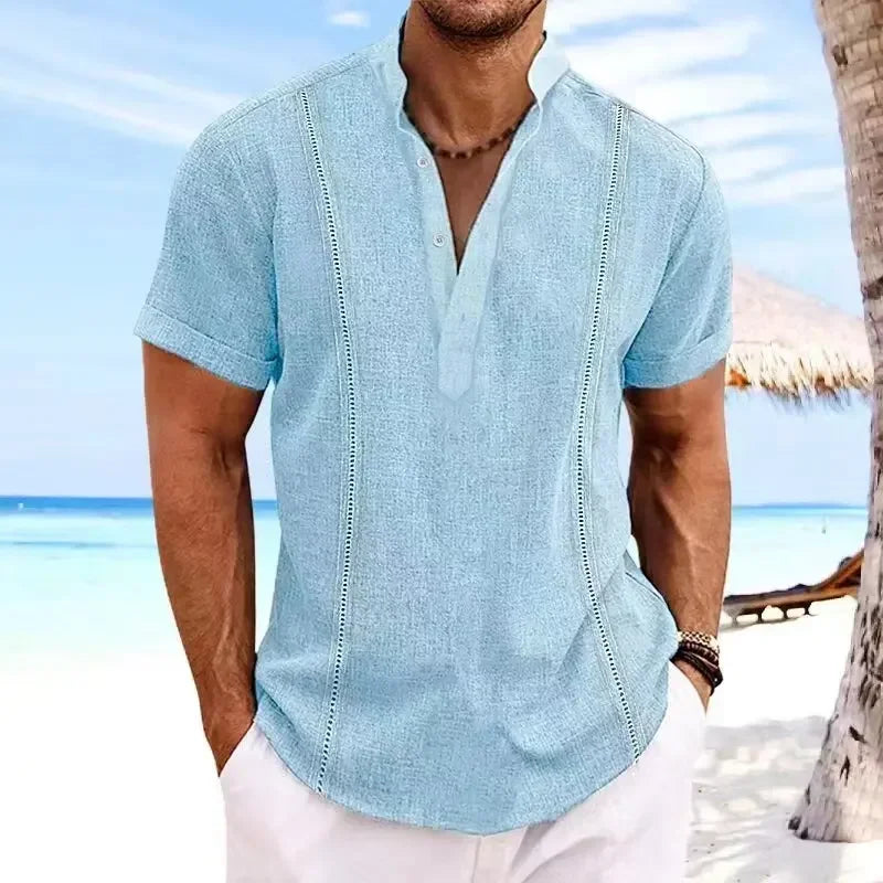Men's Fashion Beach Holiday Shirts Summer Short Sleeve Cotton Linen T-shirt Comfort Breathable Casual Simple Lapel Tops for Men