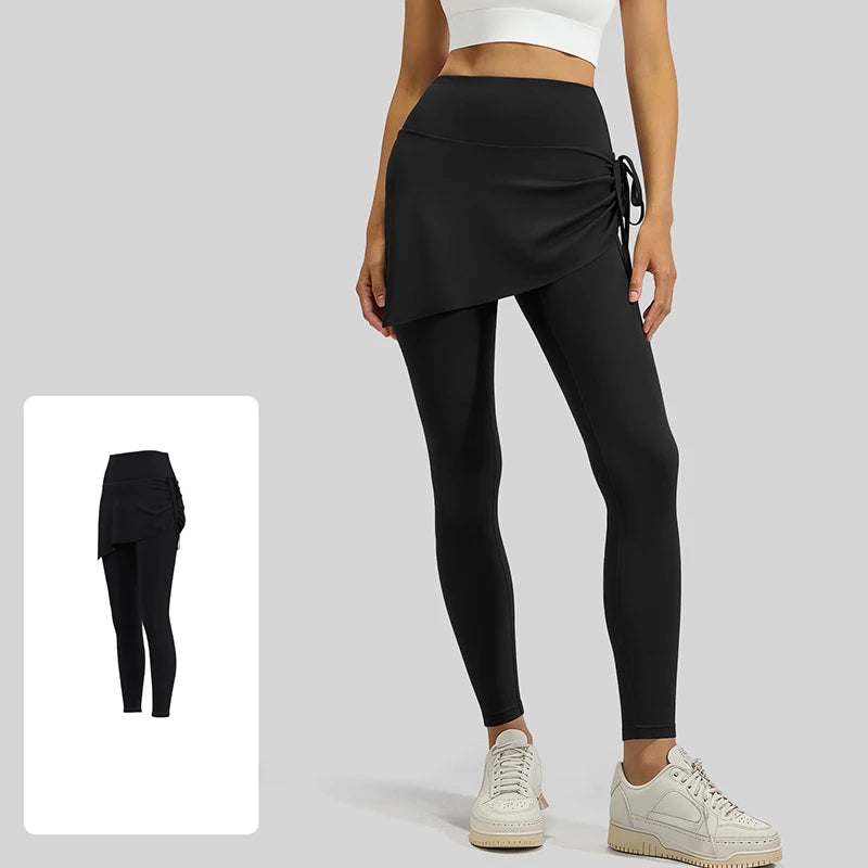 BIVIGAOS New Spring Drawstring Pleated Yoga Leggings Skirt Pants Fake Two Piece Women High Waist Elastic Sports Fitness Leggings