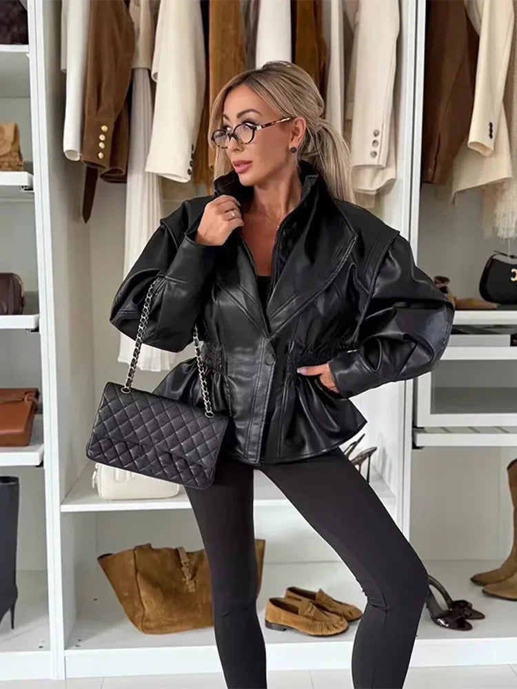 Faux Leather Jacket Women Turn-down Collar Zipper Front Puffy Sleeves Stylish Waist Cinching Coat 2025 Female Winter Outerwear
