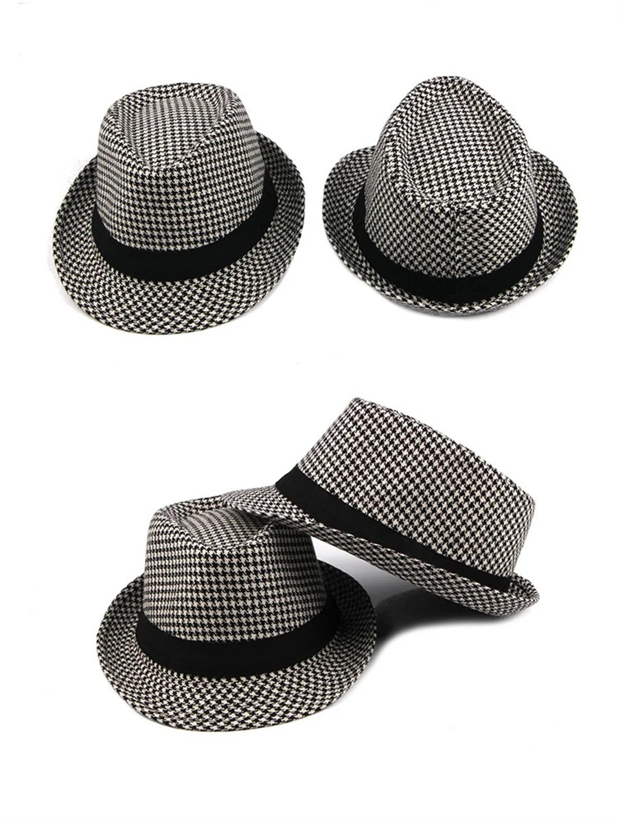 Spring Summer New Vintage Checked Top Hat Men's Middle-aged and Elderly Woolen Gentleman's Hat Jazz Hat