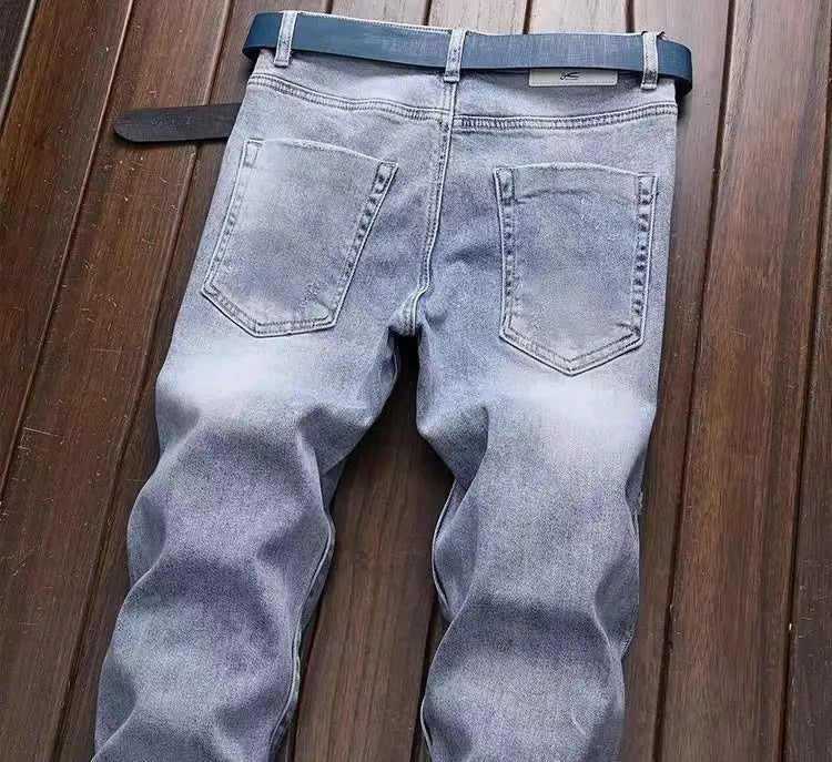 New Spring Autumn Wash Denim Korean Style Blue Designer Cowboy Cycling Motorcycle Splice Vintage Cargo Strech Pant Jean Trousers