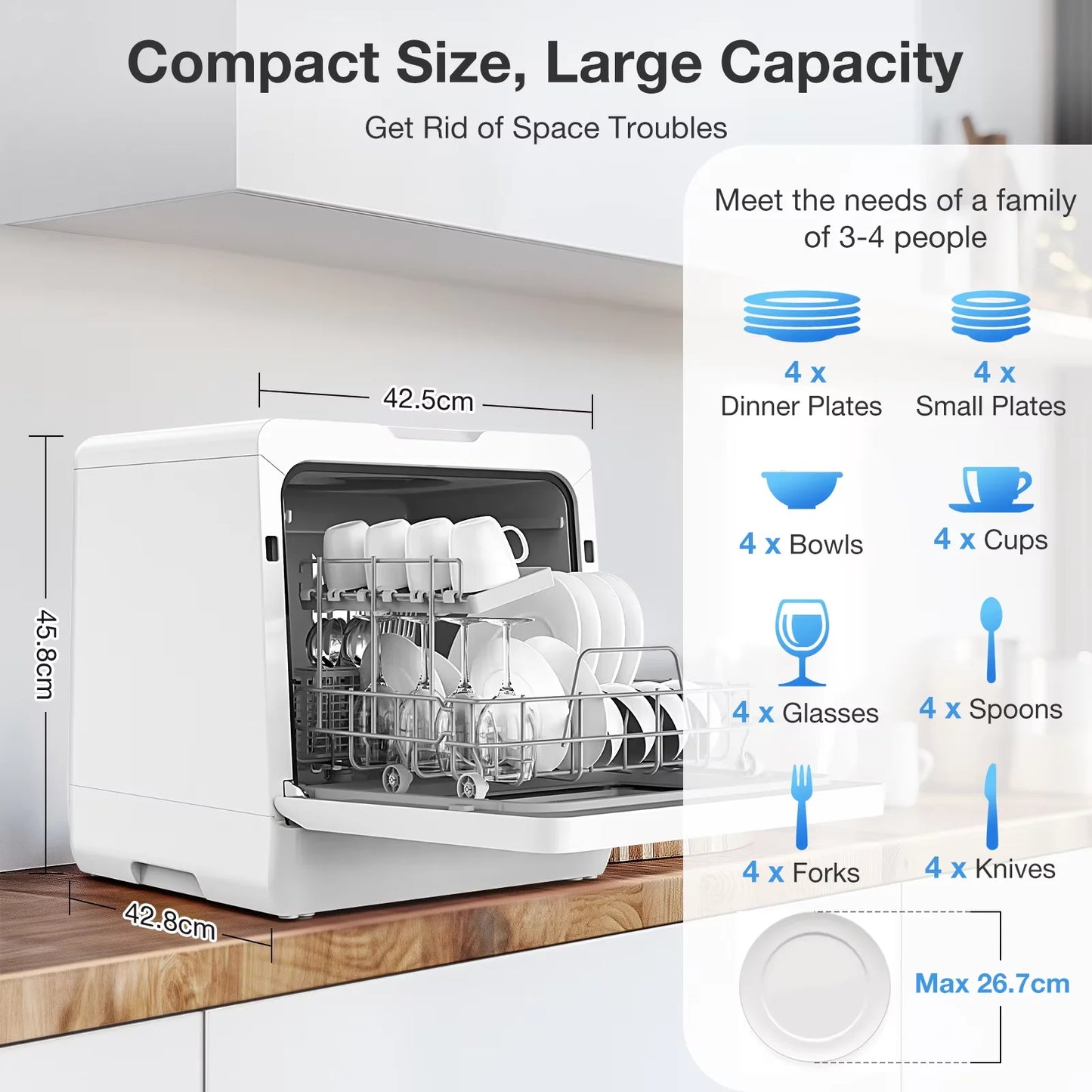 BLITZHOME BH-4-CDW Compact Smart Countertop Dishwasher APP Control 8 Programs 3D 360° Dual Spray With 5L Built-in Water Tank