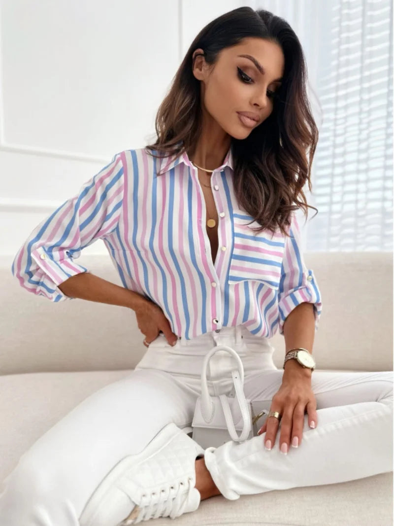 Autumn Fashion Striped Print Shirt Women Office Elegant Button Long Sleeve Shirts For Women 2023 Casual Pocket Slim Blouse Top