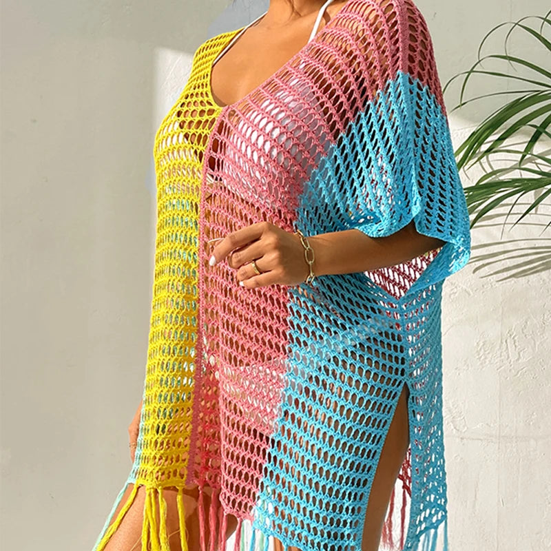 Knitted Contrast Tassel Bikini Summer Beach Cover Up Sexy Hollow Out Women V Neck Loose Beachwear Sunscreen Smock