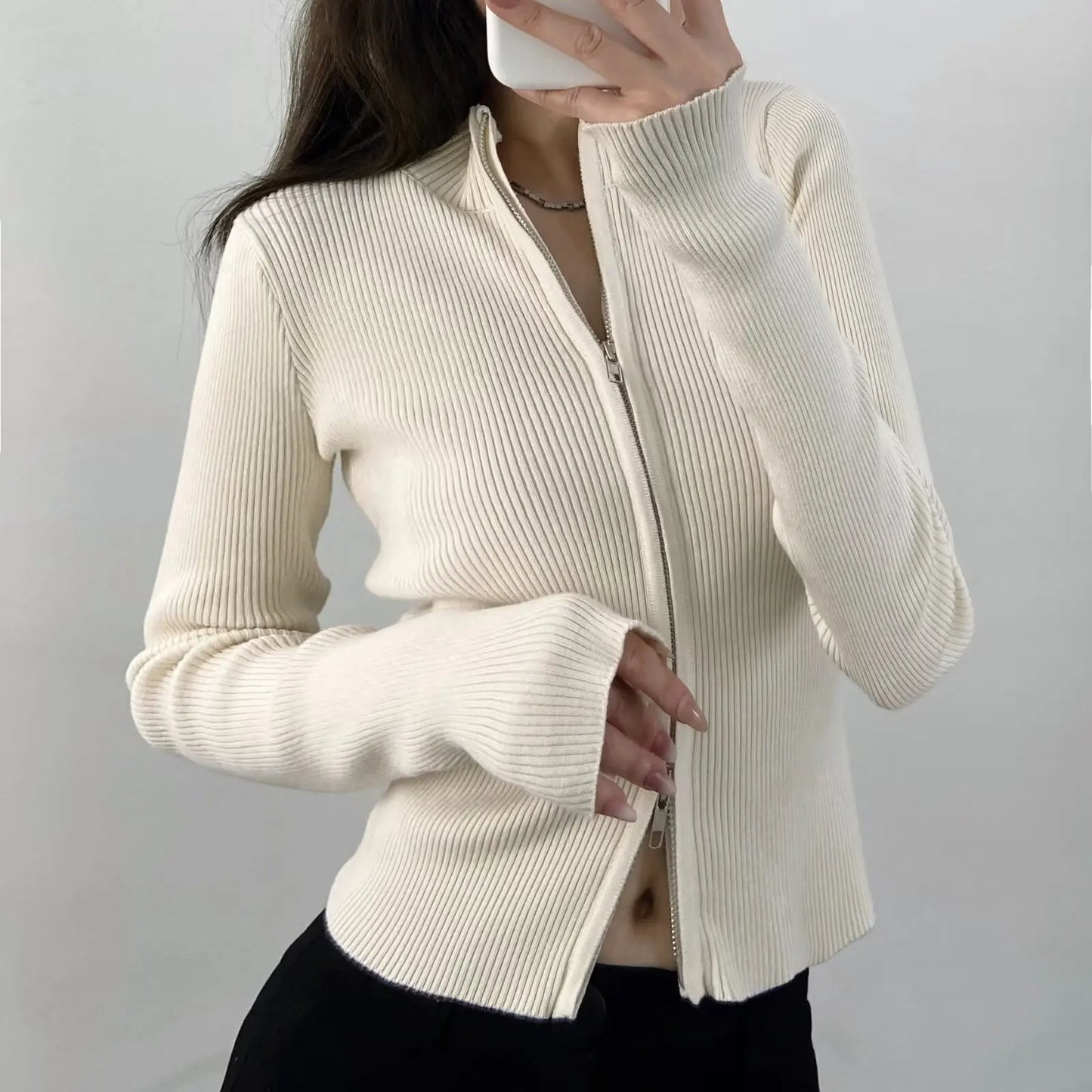 Slim Fit American Style Knitted Cardigan Women's Double Zipper Open Front Pure Desire Autumn Fashion Outerwear BM Style