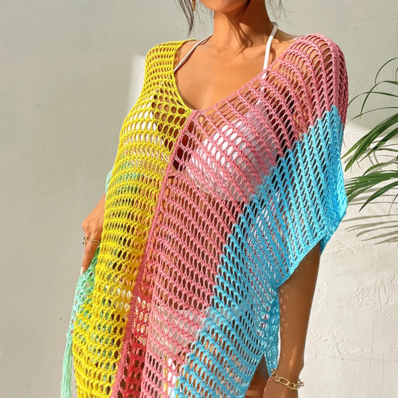 Knitted Contrast Tassel Bikini Summer Beach Cover Up Sexy Hollow Out Women V Neck Loose Beachwear Sunscreen Smock