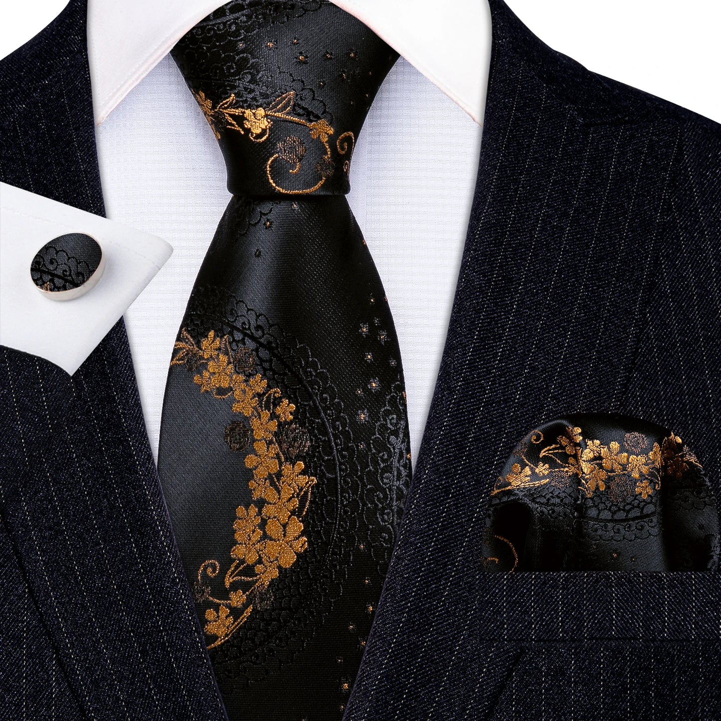 Barry.Wang Orange Brown Silk Mens Tie Hanky Cufflinks Set Gold Coffee Jacquard Designer Necktie For Male Wedding Business Party