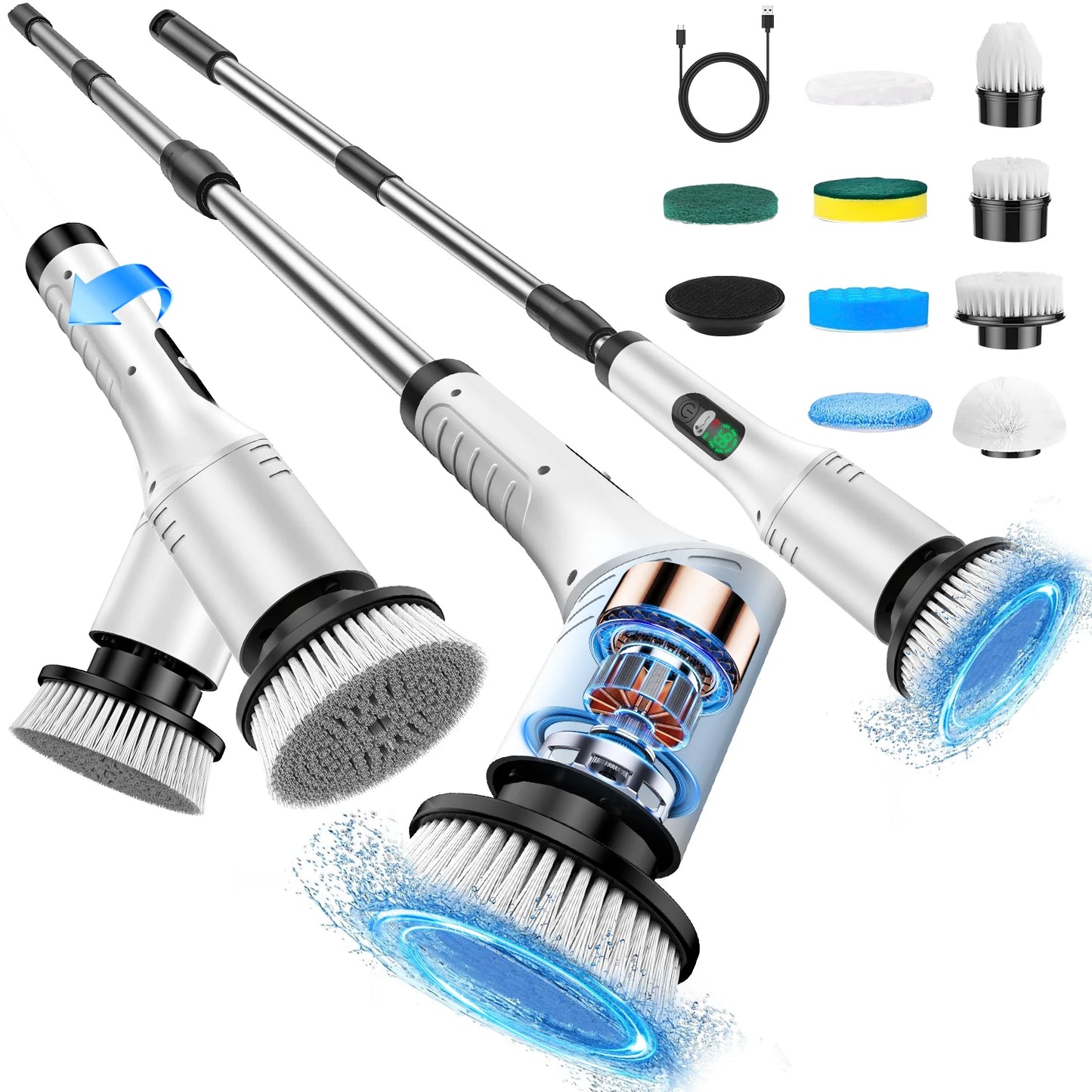 Upgraded electric rotary brush, with a display screen, fully waterproof, and adjustable handle brush head,a home cleaning wonder