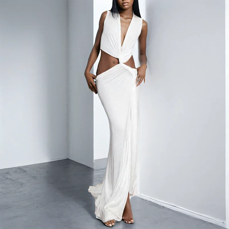 DEAT Spring New Arrival Fashion Hollow Out Sleeveless Dresses For Women Trendy Split V-neck Irregular Dress Female 11A03623