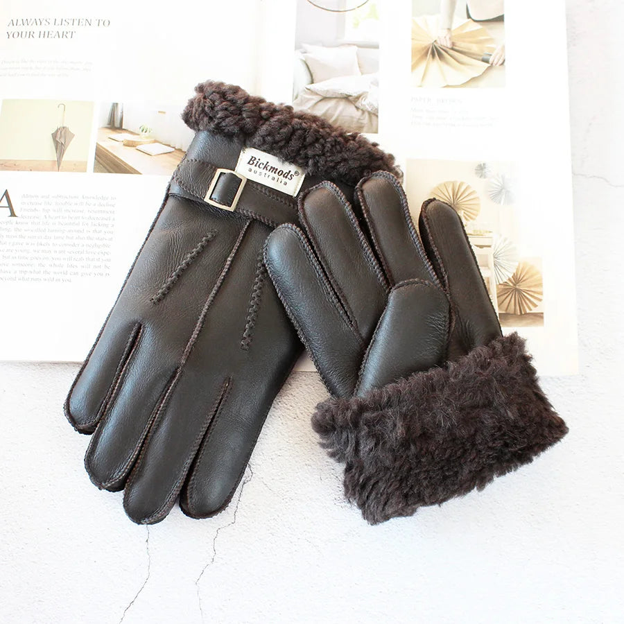 Sheepskin Fur Gloves Men's Thick Winter Warm Large Size Outdoor Windproof Cold Hand Stitching Sewn Leather Finger Gloves