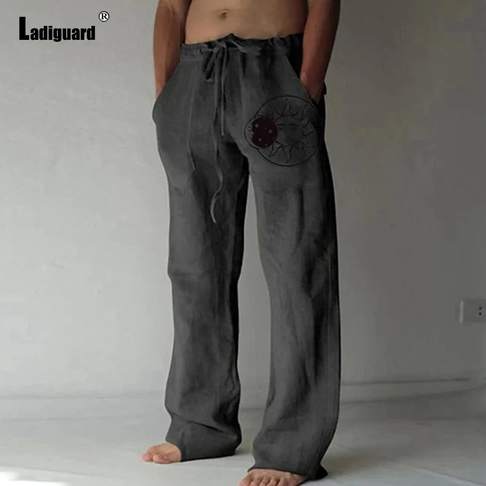 Plus Size 5xl Mens Loose Pants 2025 Summer Casual Linen Pants Male Fashion Print Trouser Men Patchwork Drawstring Leisure Pant
