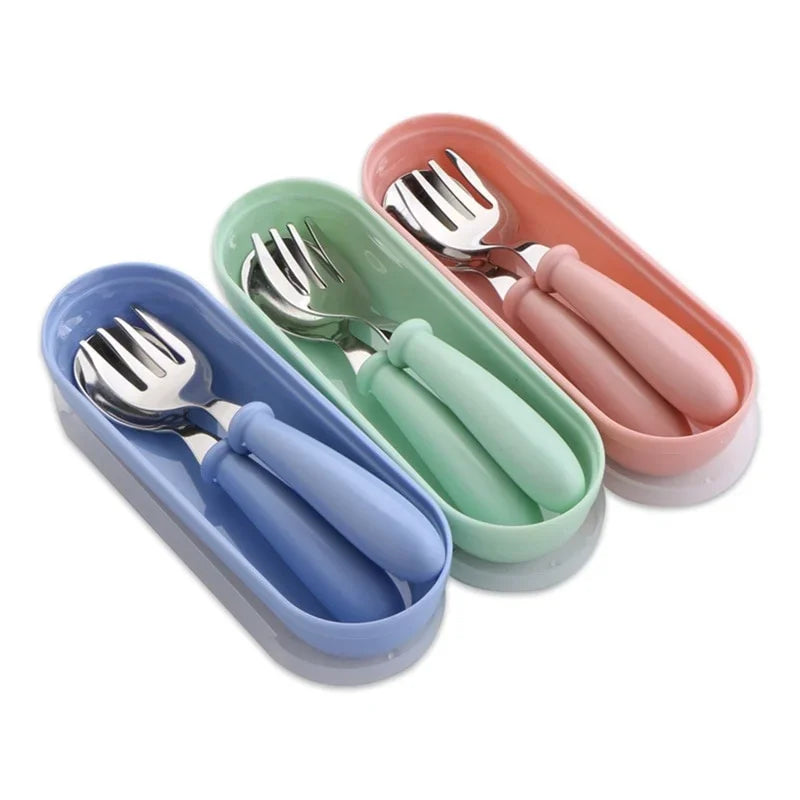 3-Piece Children's Utensil Set 304 Stainless Steel Spoon Fork for Toddlers with Portable Case Travel Kids Cutlery Tableware Gift