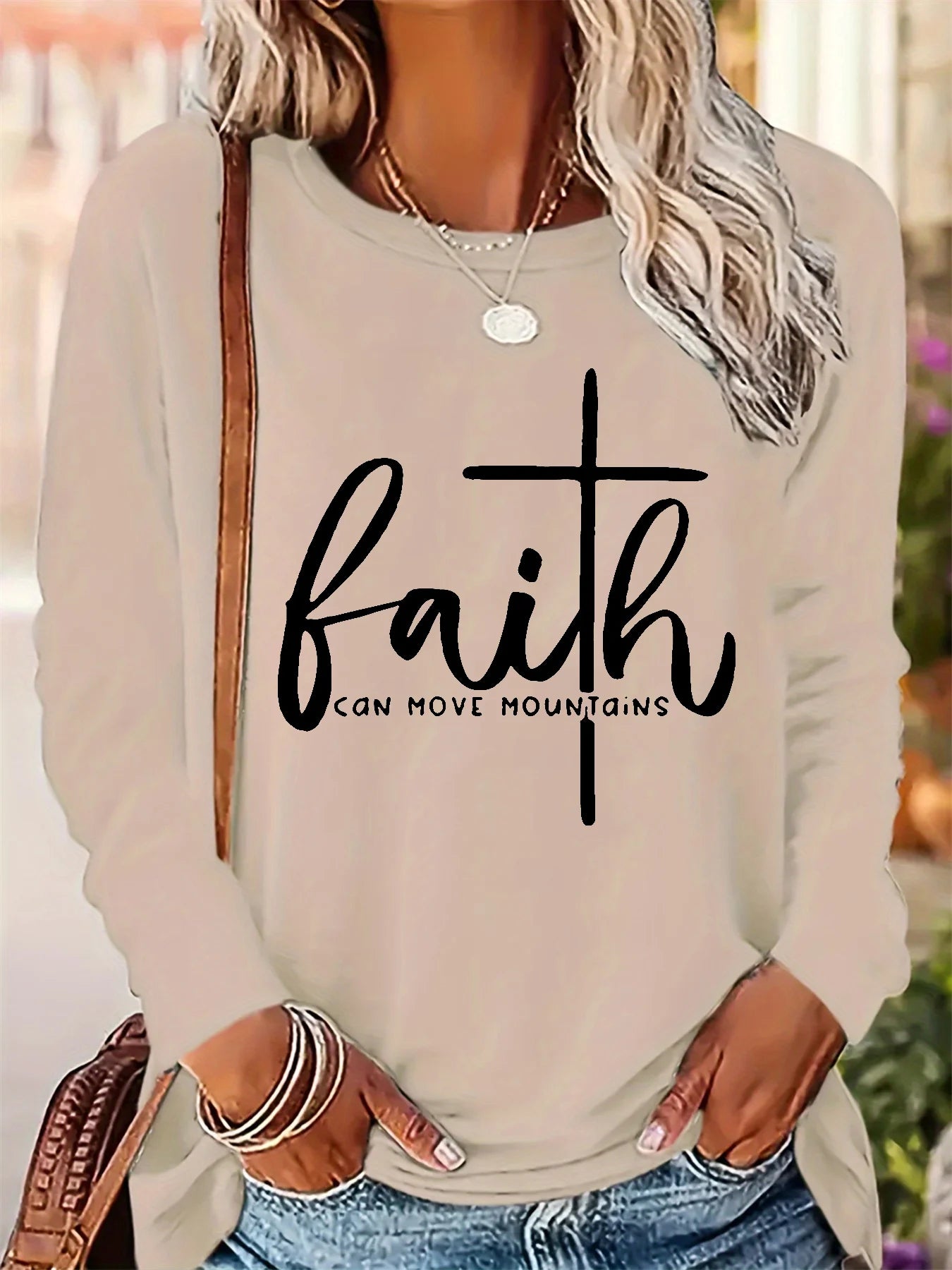Women's Spring and Autumn 100% pure cotton fashionable casual loose letter pattern printed round neck long sleeved T-shirt top