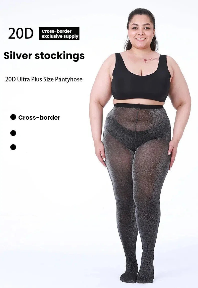 Plus Size Pantyhose 60D Sheer Tights Big Size Women's Silver Glitter Stockings Stretch sexy pour femme xxl Large Sizes up to 5XL