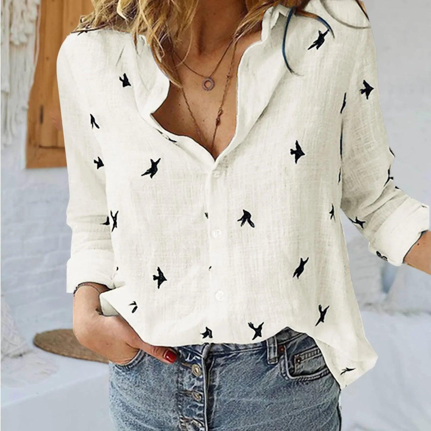 Korean Fashion Blue Pink Lapel Shirt Women'S Summer Thin Cool Cotton Linen Shirt French Elegant V-Neck Long Sleeve Shirt Lady