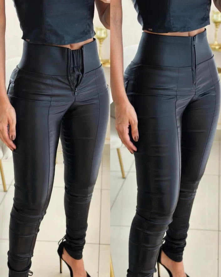 Women's Pants 2024 Spring Fashion Hook Front Liquid Gloss Sauna Sweat Pu Leather High Waist Casual Skinny Daily Long Leggings