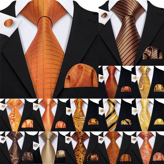 Barry.Wang Orange Brown Silk Mens Tie Hanky Cufflinks Set Gold Coffee Jacquard Designer Necktie For Male Wedding Business Party