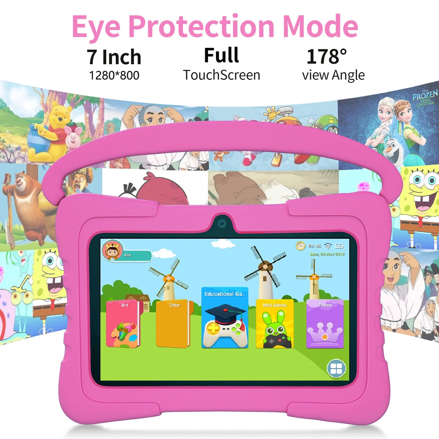BDF-K3 Kids 7 Inch Android Tablets Quad Core 4GB+64GB ROM Cartoon Portable with Kids-Proof Protective Case Best Gift for Childre