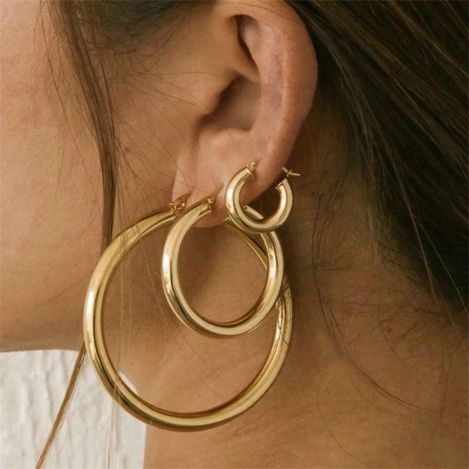 e-Manco Classic Stainless Steel Ear Buckle for Women Trendy Gold Color Small Large Circle Hoop Earrings  Jewelry Accessories