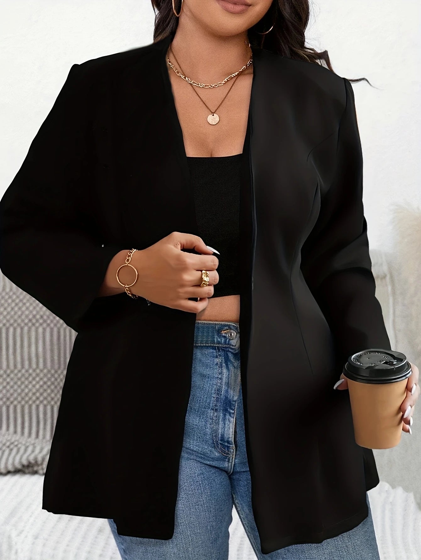 Plus Size Women's Solid Single-Breasted Blazer Elegant Long Sleeve Office Workwear Casual Chic Size-Inclusive Business Blouse