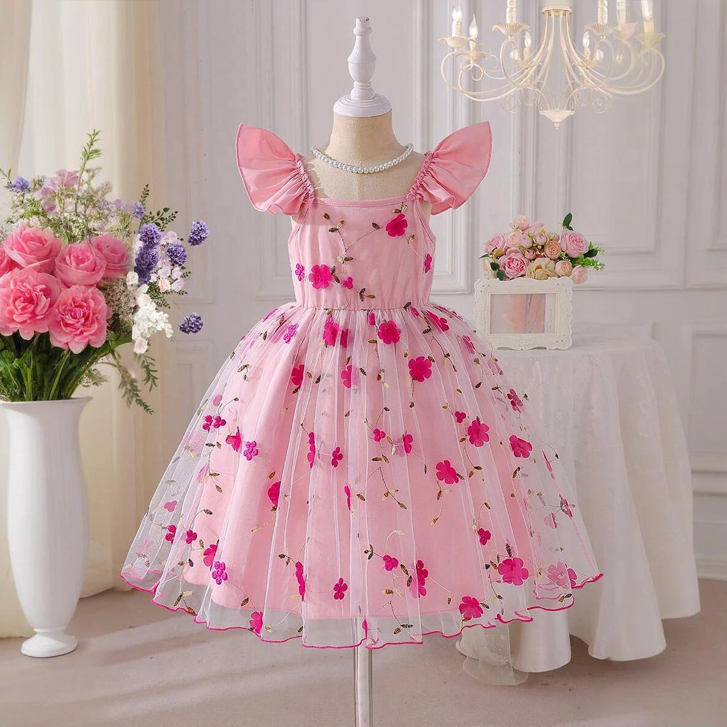 Girls Fairy Dress for 3-8 Yrs Birthday Party Princess Dress Flower Girl Dress for Wedding Embroidery Easter Dress for Girls Wear