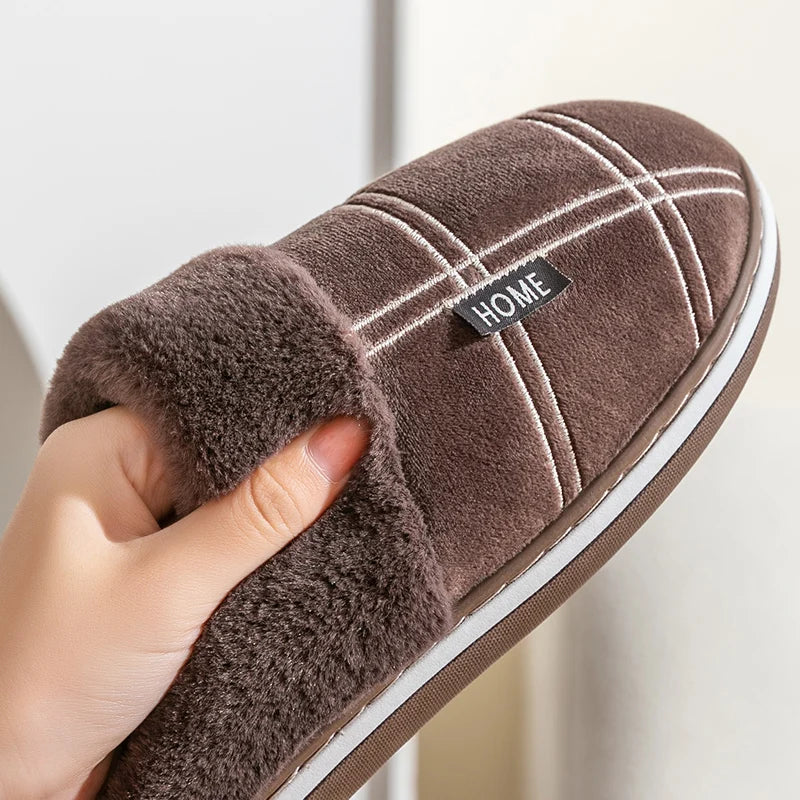 Large size 50-51 Plaid House Slippers for Man Memory Foam Winter Plush Indoor Male Shoes Warm Home Slippers 2024 Non Slip Black