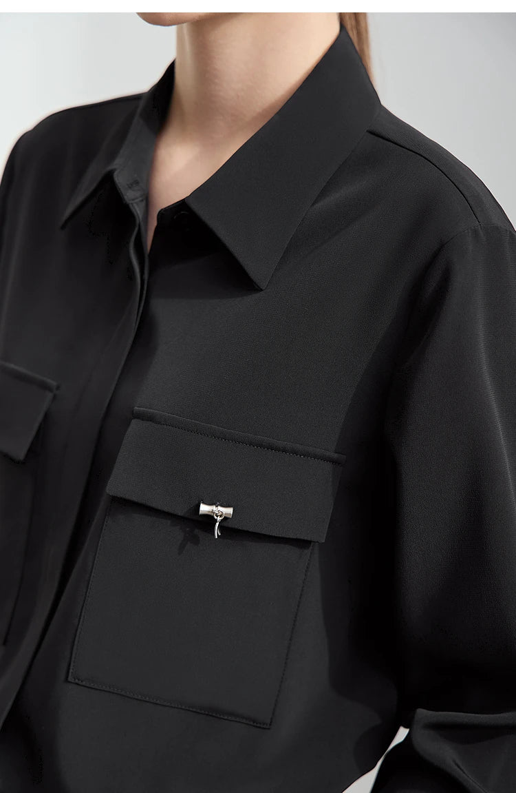 AMII Minimalist Chiffon Shirt Women 2025 Spring New Temperament Gentle Lapel Bamboo Work Pocket Concealed Button Tops 12521032
