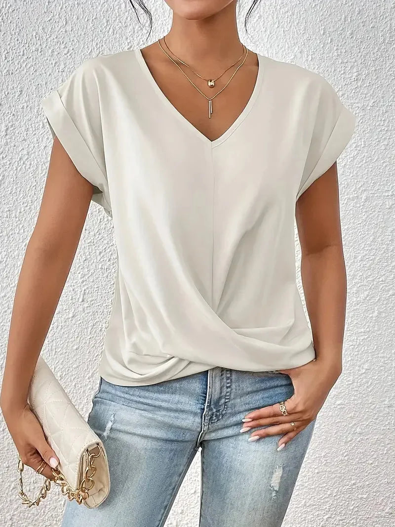 Sexy V Neck Short Sleeve Shirt Blouse Tops Office Lady Spring Summer Casual Loose Solid White Tshirt For Women 2024 Female Tees
