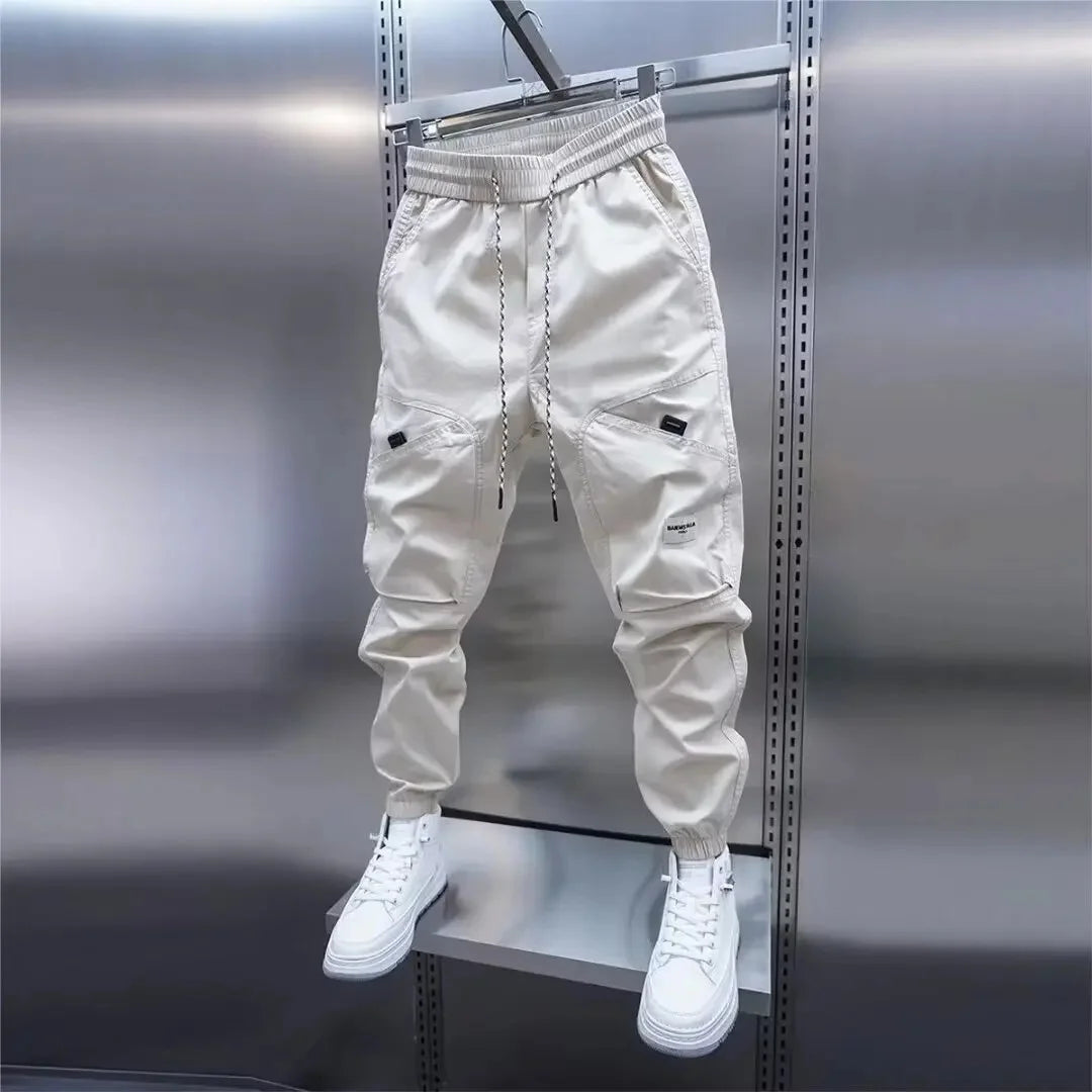 2024 Men's Autumn New Casual Pants Solid Color Elastic Waist Ankle Length Versatile Korean Style Fashionable Small Foot Cargo Pa