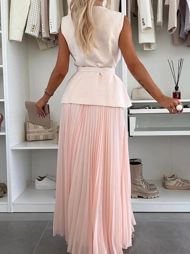 Ladies Sets Two Pieces Office Clothing, Maxi Shirts Sleeveless Buttons Coat Sets, Women Spring Summer Slim Fit Lace-Up Outfits