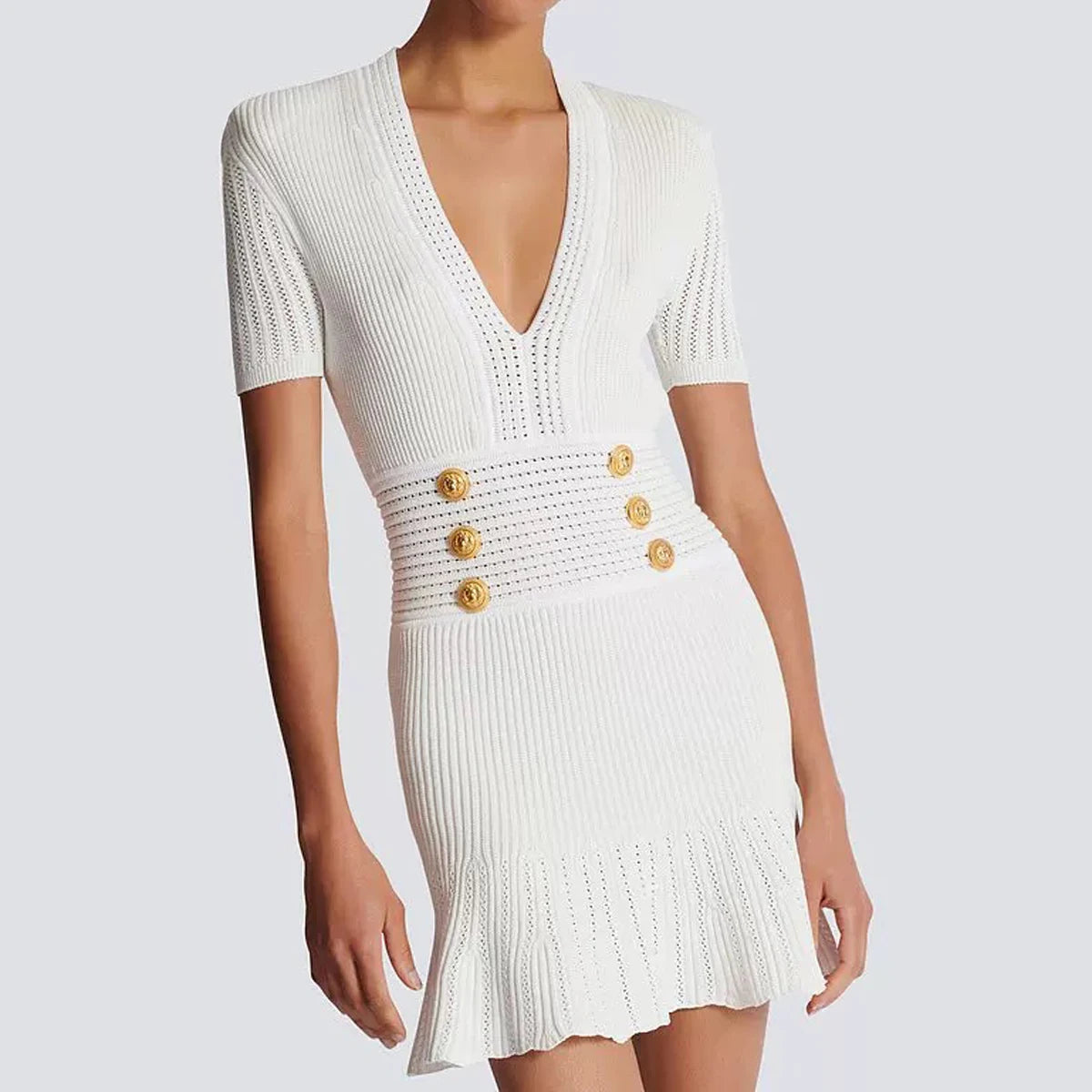 Spring And Summer New Fashionable Knitted Elastic Solid Color Short Sleeved Double Breasted Slim Fit Fishtail Women's Dress