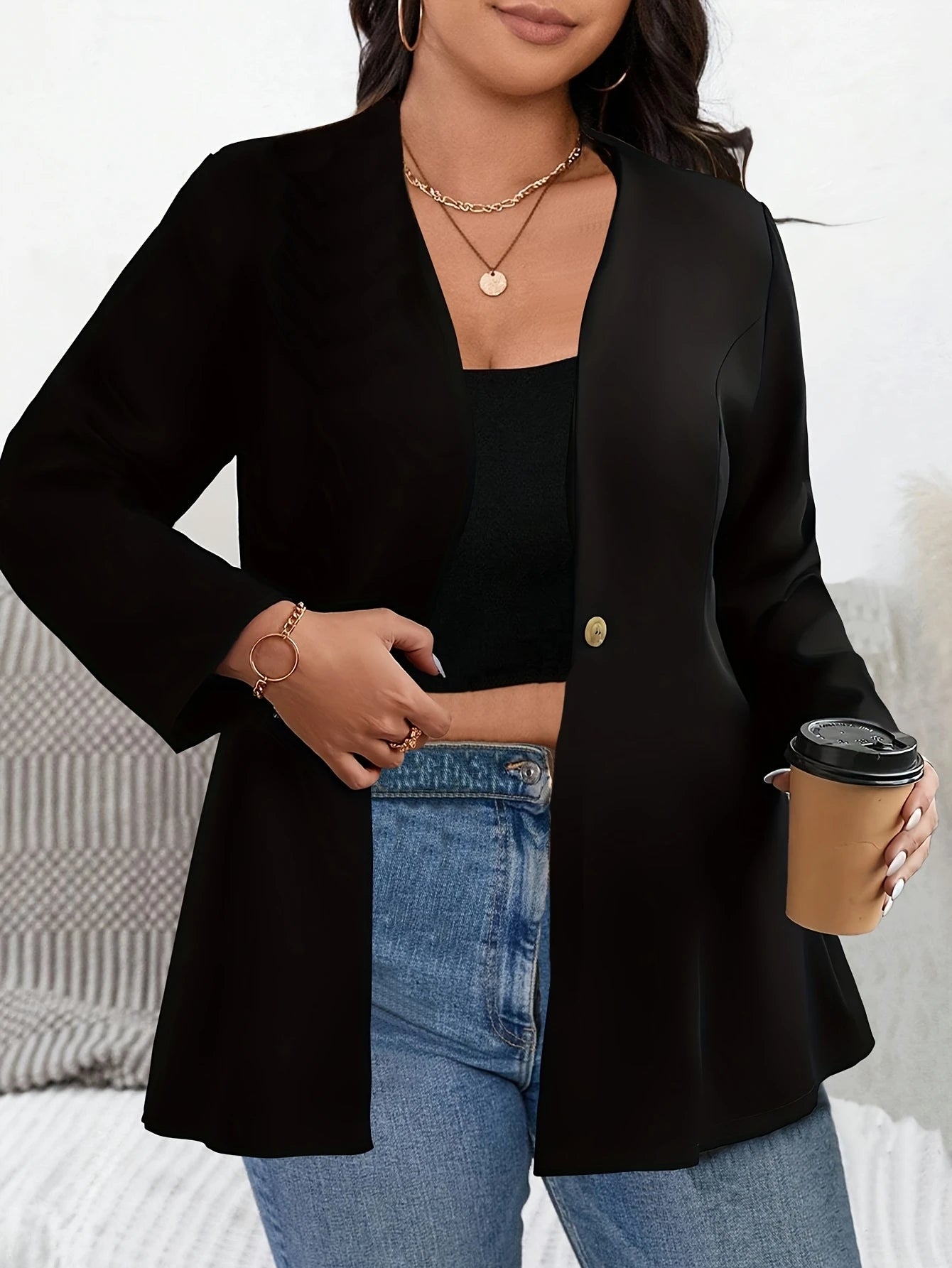 Plus Size Women's Solid Single-Breasted Blazer Elegant Long Sleeve Office Workwear Casual Chic Size-Inclusive Business Blouse