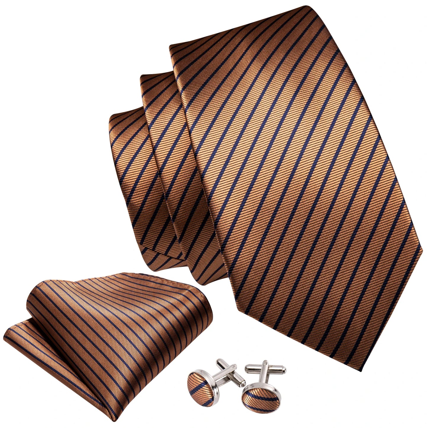 Barry.Wang Orange Brown Silk Mens Tie Hanky Cufflinks Set Gold Coffee Jacquard Designer Necktie For Male Wedding Business Party