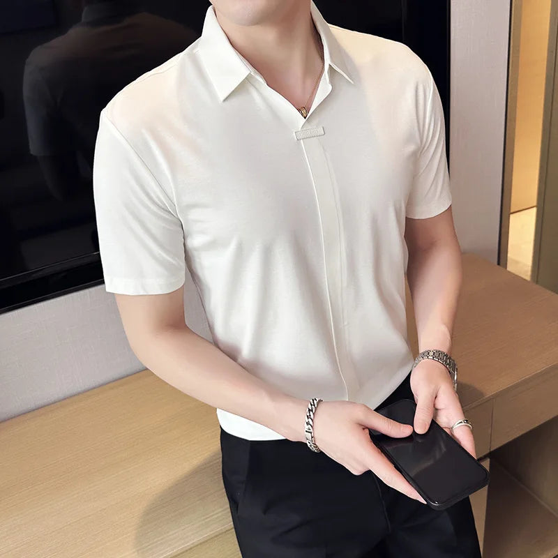 Luxury Purple Polo Shirts For Men High Quality Summer Short Sleeve Men's Polos Ice Silk Elastic Slim Fit Turn Down Collar Tees