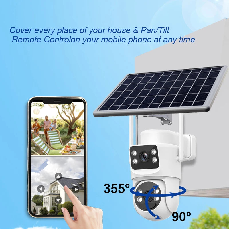 Hongnaer 8MP Dual Lens 4K Wireless WiFi/4G Sim Card Solar Powered Panel IP PTZ Outdoor WiFi Security CCTV Solar Camera