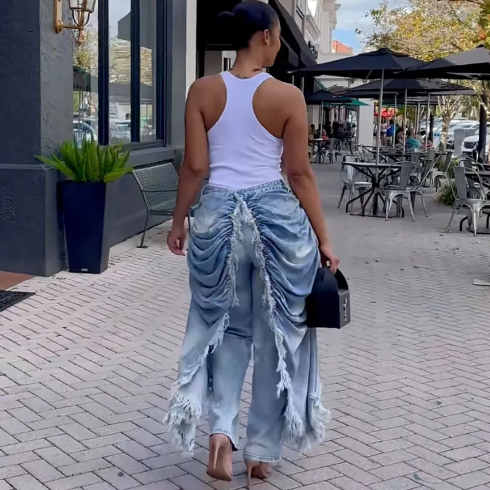 Women Solid Jeans Pants Denim Pleated Trousers Fuzzy Edge Full Lenth Mid Waist Zipper Straight Y2k Streetwear Casual 2026 Spring