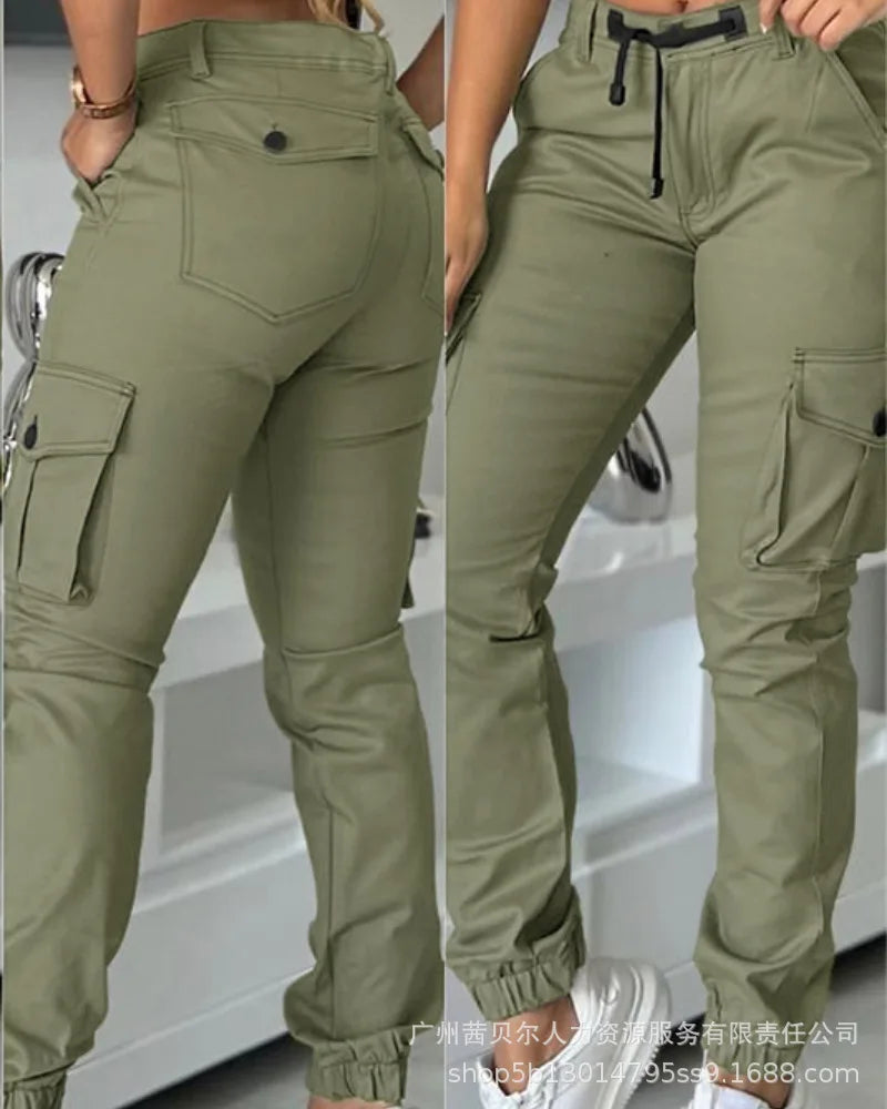Women High Waist Multiple Pockets Design Cuffed Cargo Pants Slim Fit Trousers Pants Y2K
