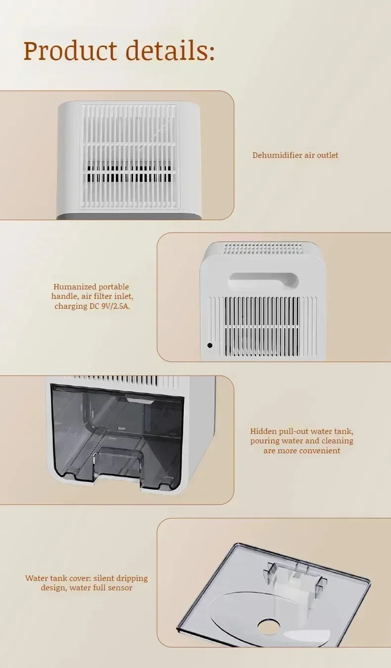 Portable Quiet Air Dehumidifier Moisture Absorber for Home Bedroom Office Kitchen EU Plug Compact Moisture Eliminator Deodorizer