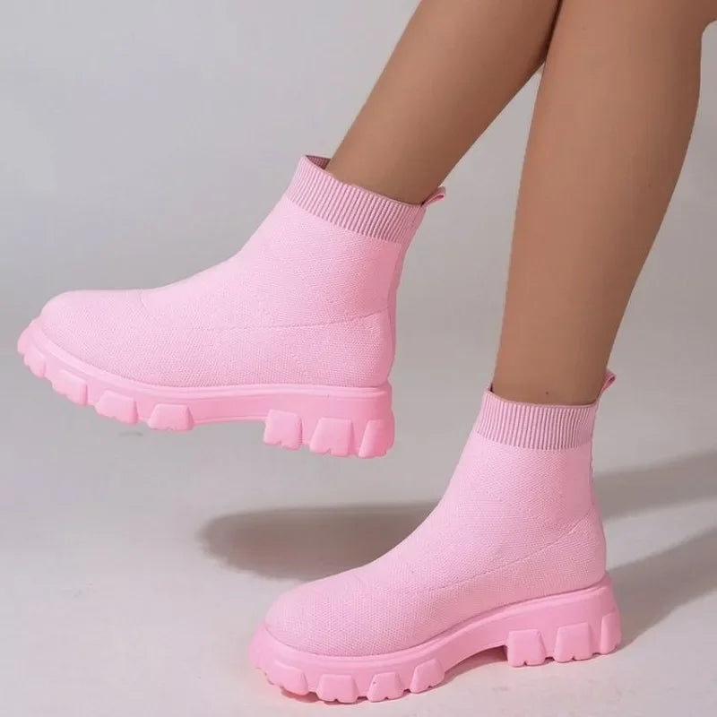 Mesh Women's Ankle Boots Fashion Women's Sock Boots Comfortable Breathable Slip-on Womens Boots High-top Women Thick-soled Shoes