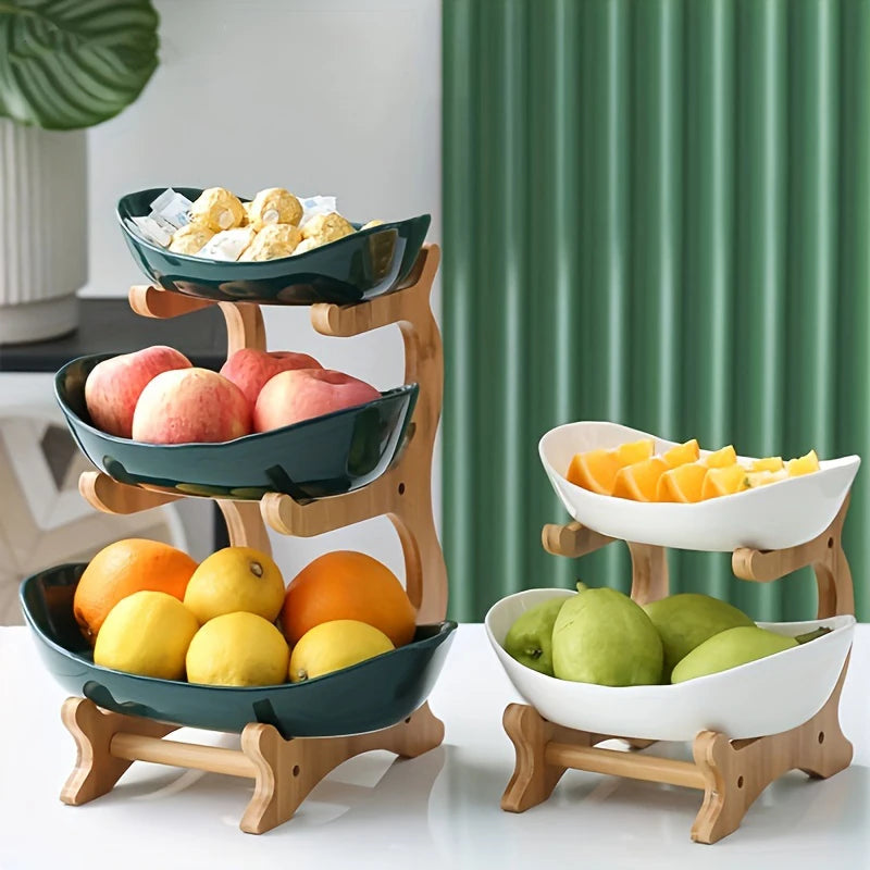 Partitioned Wooden Serving Tray, Natural Bamboo Snack & Fruit Platter for Kitchen Table, Perfect for Party, Family, Housewarming