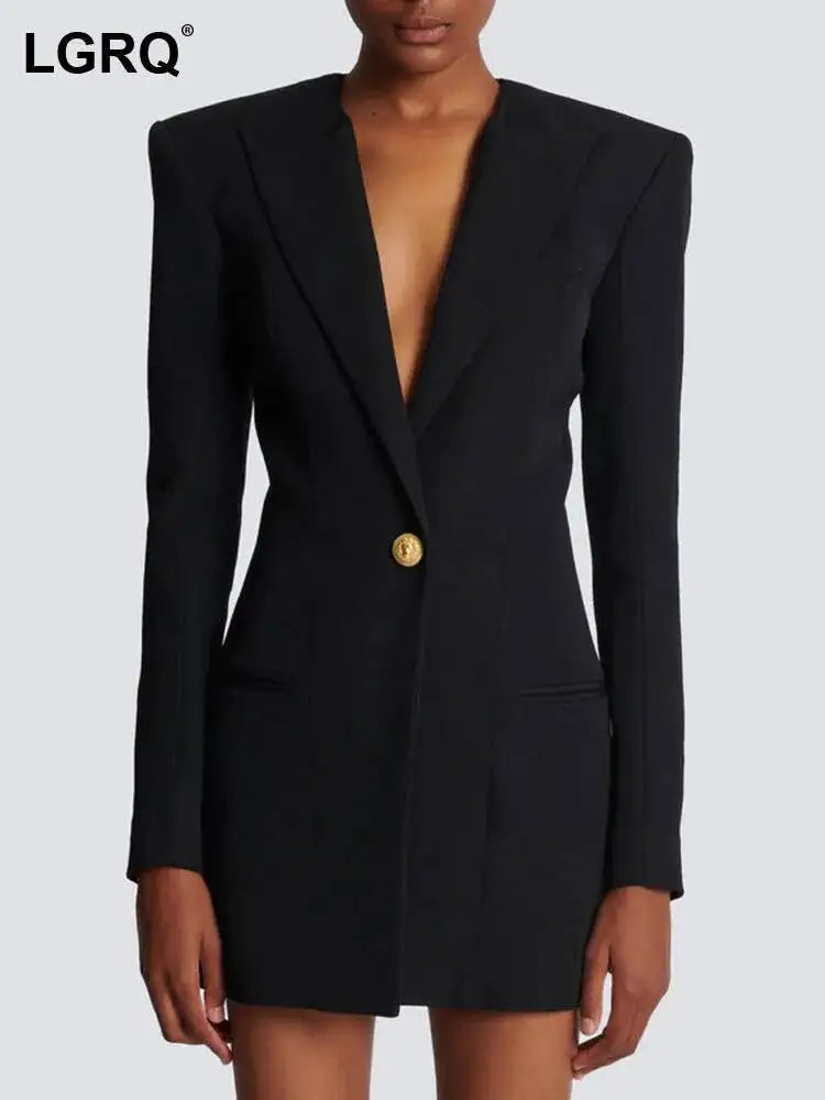 LGRQ 2026 Spring Fashion Women Clothes Notched Collar Full Sleeves Metal Single Button Slim High Waist Blazer Office Lady