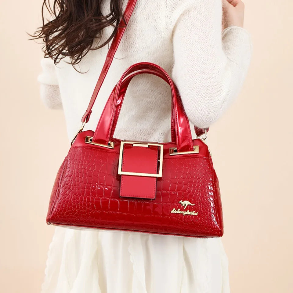 Fashion Elegant Madam Handbag Crocodile Pattern with Lattice Luxury Women Shoulder Tote Bag Two Layers Ladies Bag Big Belt Sac