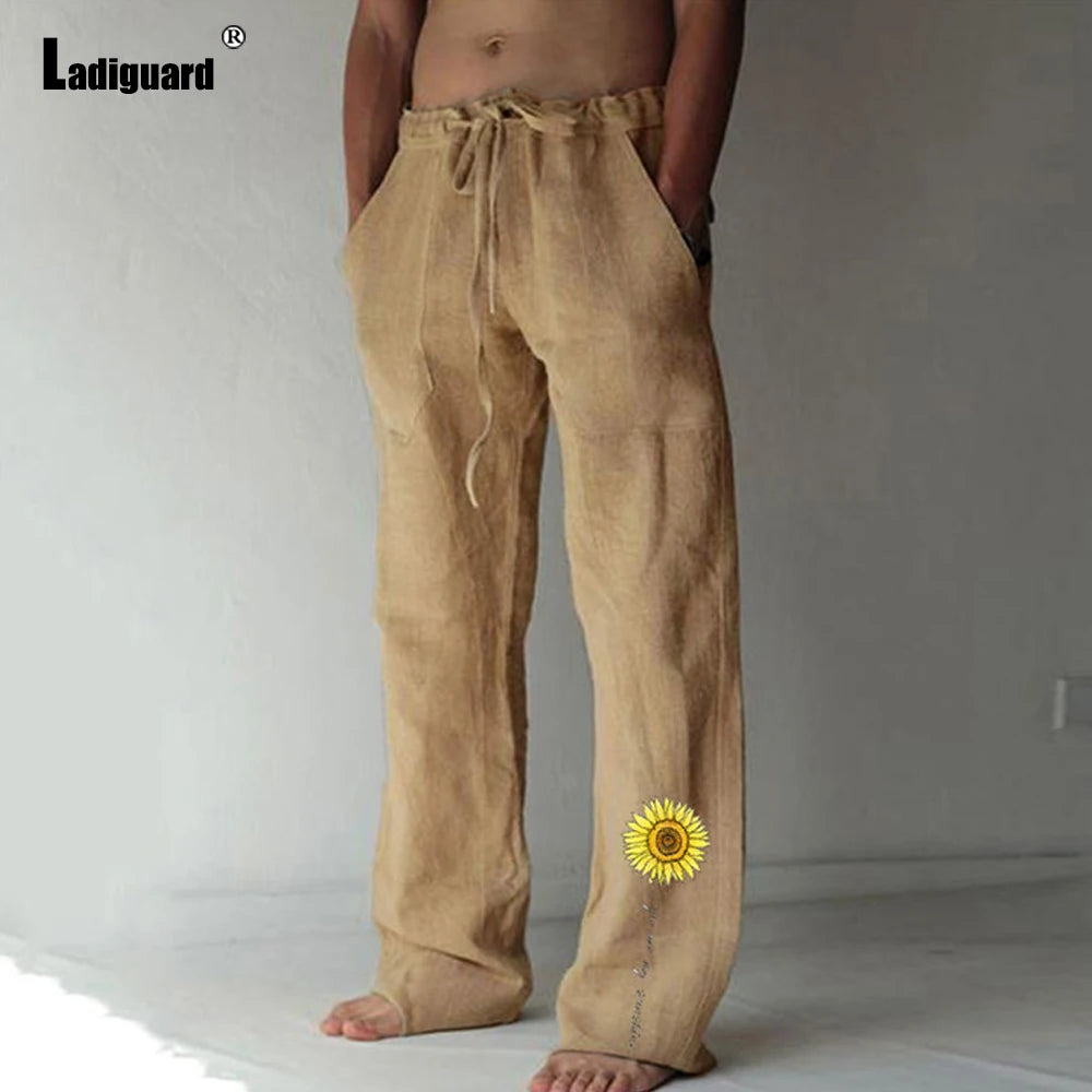 Plus Size 5xl Mens Loose Pants 2025 Summer Casual Linen Pants Male Fashion Print Trouser Men Patchwork Drawstring Leisure Pant