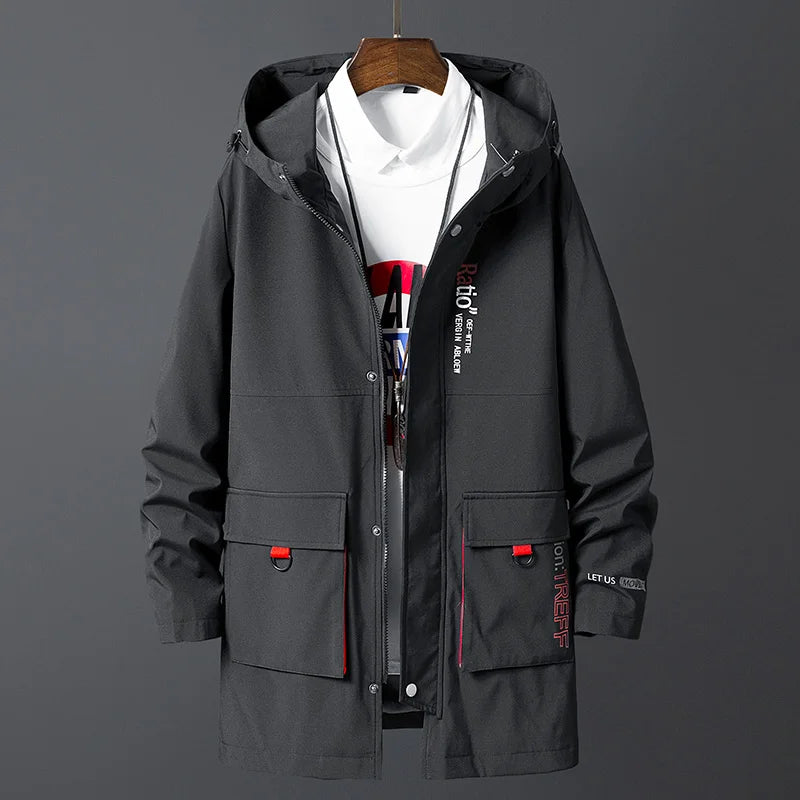 Korea Fashion Oversize 7XL 8XL 2024 Casual Men's Black Windbreaker Jackets Long Trench Coat For Spring Autumn Winter Clothes