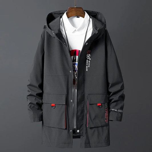 Korea Fashion Oversize 7XL 8XL 2024 Casual Men's Black Windbreaker Jackets Long Trench Coat For Spring Autumn Winter Clothes