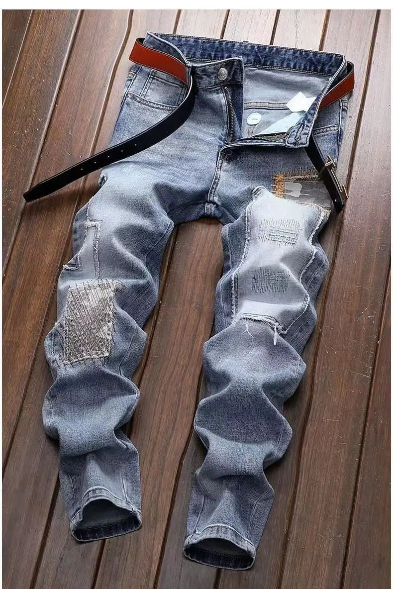 New Spring Autumn Wash Denim Korean Style Blue Designer Cowboy Cycling Motorcycle Splice Vintage Cargo Strech Pant Jean Trousers