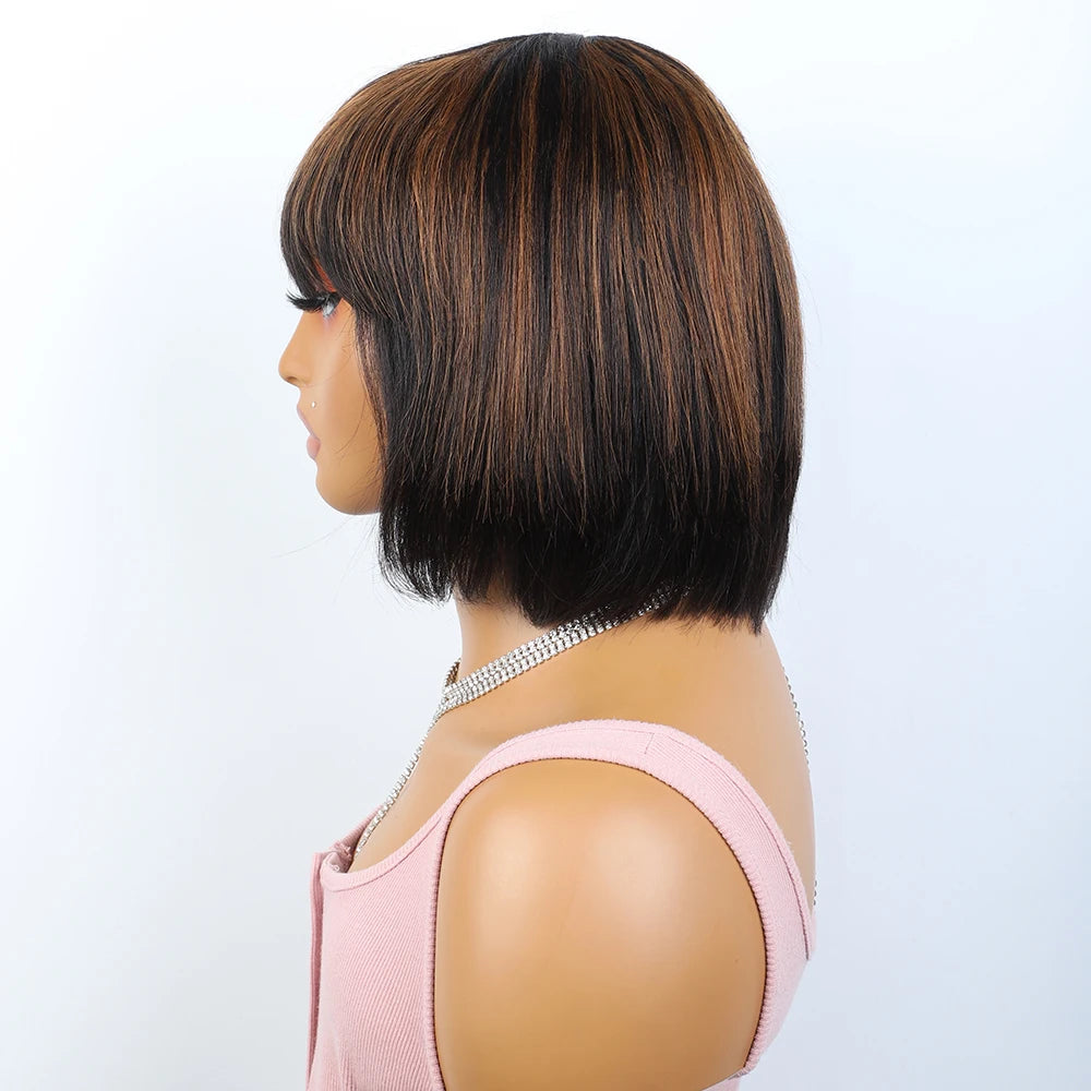 Brazilian Short Straight Hair Bob Wigs Human Hair Wig With Bangs Remy Full Machine Made Wig for Women Brown Honey Color Bob Wig