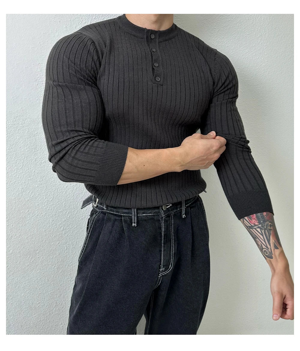 Autumn Clothing Men's Light Luxury Knit Korean Popular Henry Collar T-shirt Button-down Long Sleeve Retro Leisure Knitwear